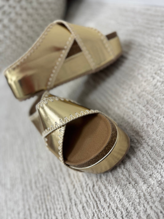 Metallic Gold Stitch Wedge Sandal