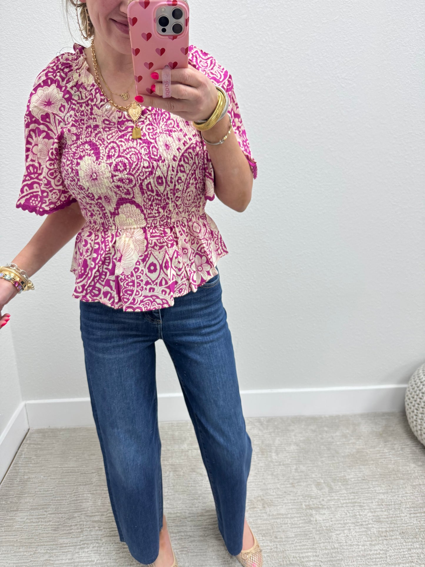 Pink and Cream Smocked Peplum Puff Sleeve Top
