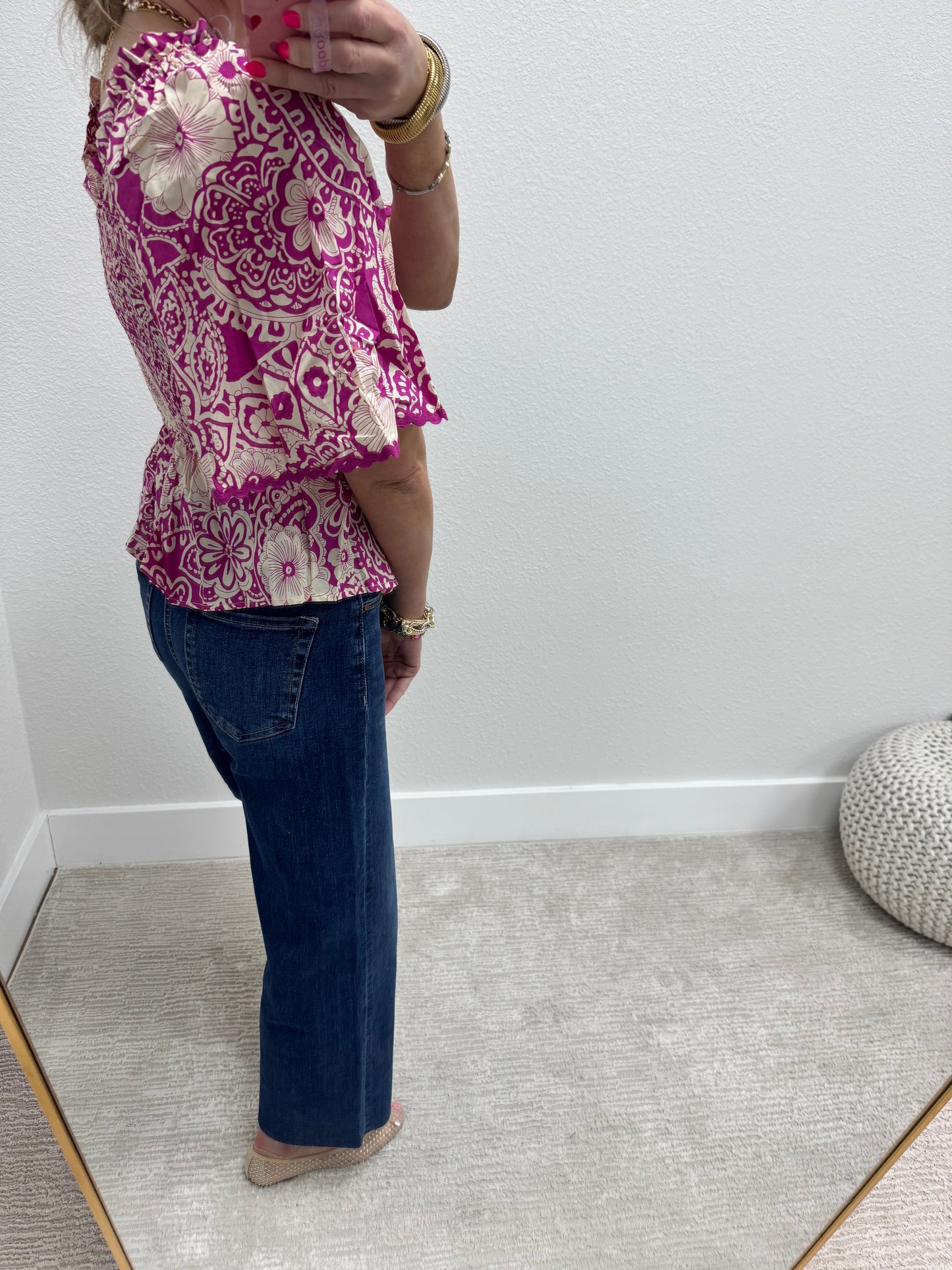 Pink and Cream Smocked Peplum Puff Sleeve Top