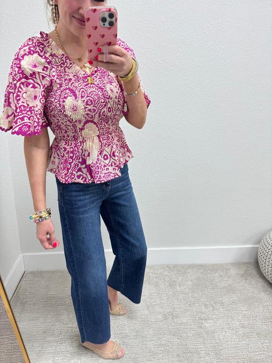 Pink and Cream Smocked Peplum Puff Sleeve Top