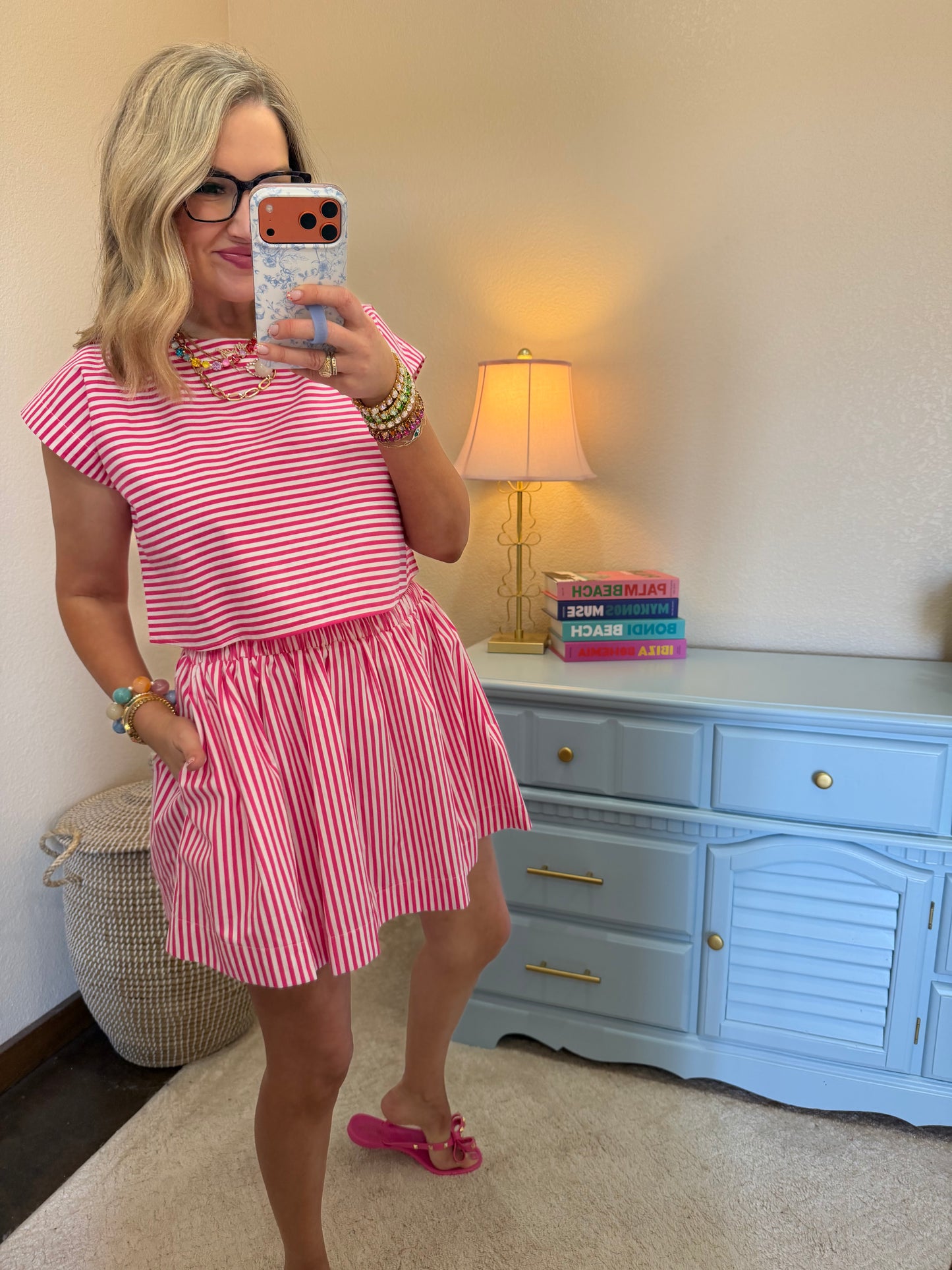 Pink & White Striped Dolman Sleeve Top & Skirt Set