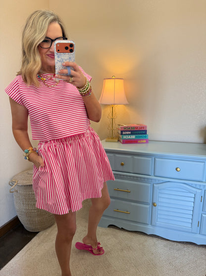 Pink & White Striped Dolman Sleeve Top & Skirt Set