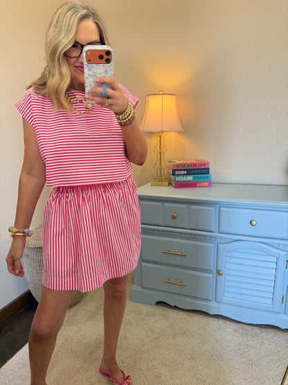 Pink & White Striped Dolman Sleeve Top & Skirt Set