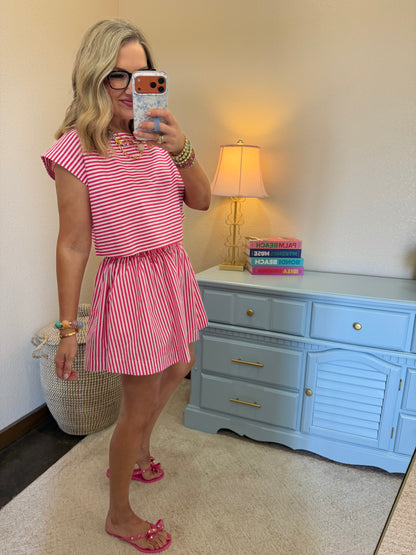 Pink & White Striped Dolman Sleeve Top & Skirt Set