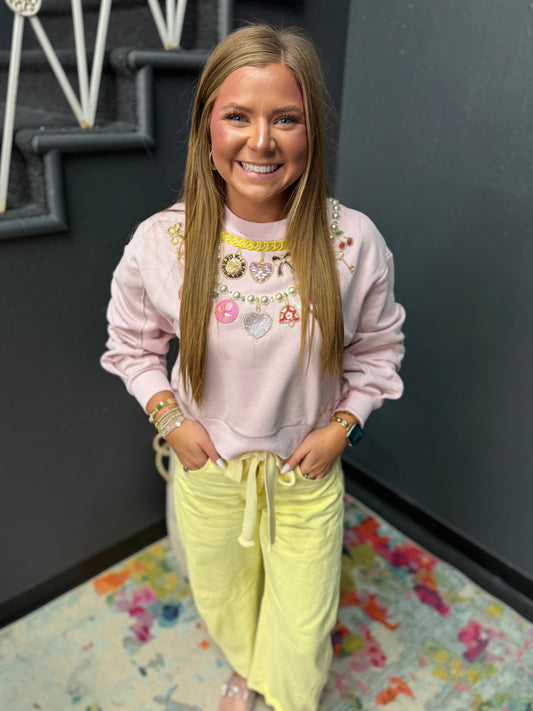 Queen of Sparkles Pink Pearl & Chain Charm Necklace Sweatshirt