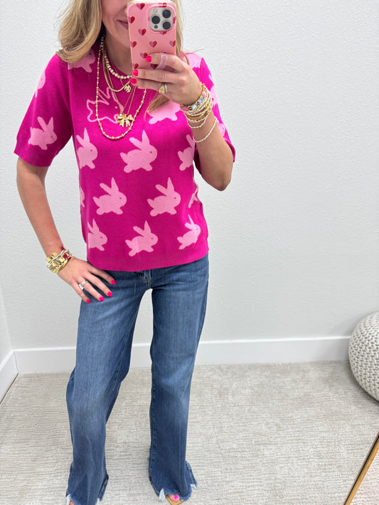 Bunnies Pink Short Sleeve Sweater Top FS
