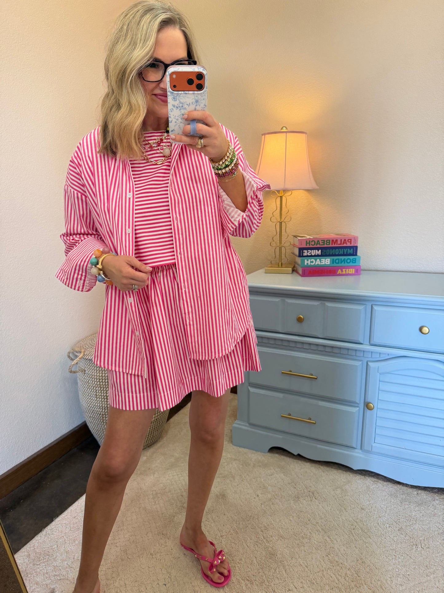 Pink & White Striped Dolman Sleeve Top & Skirt Set