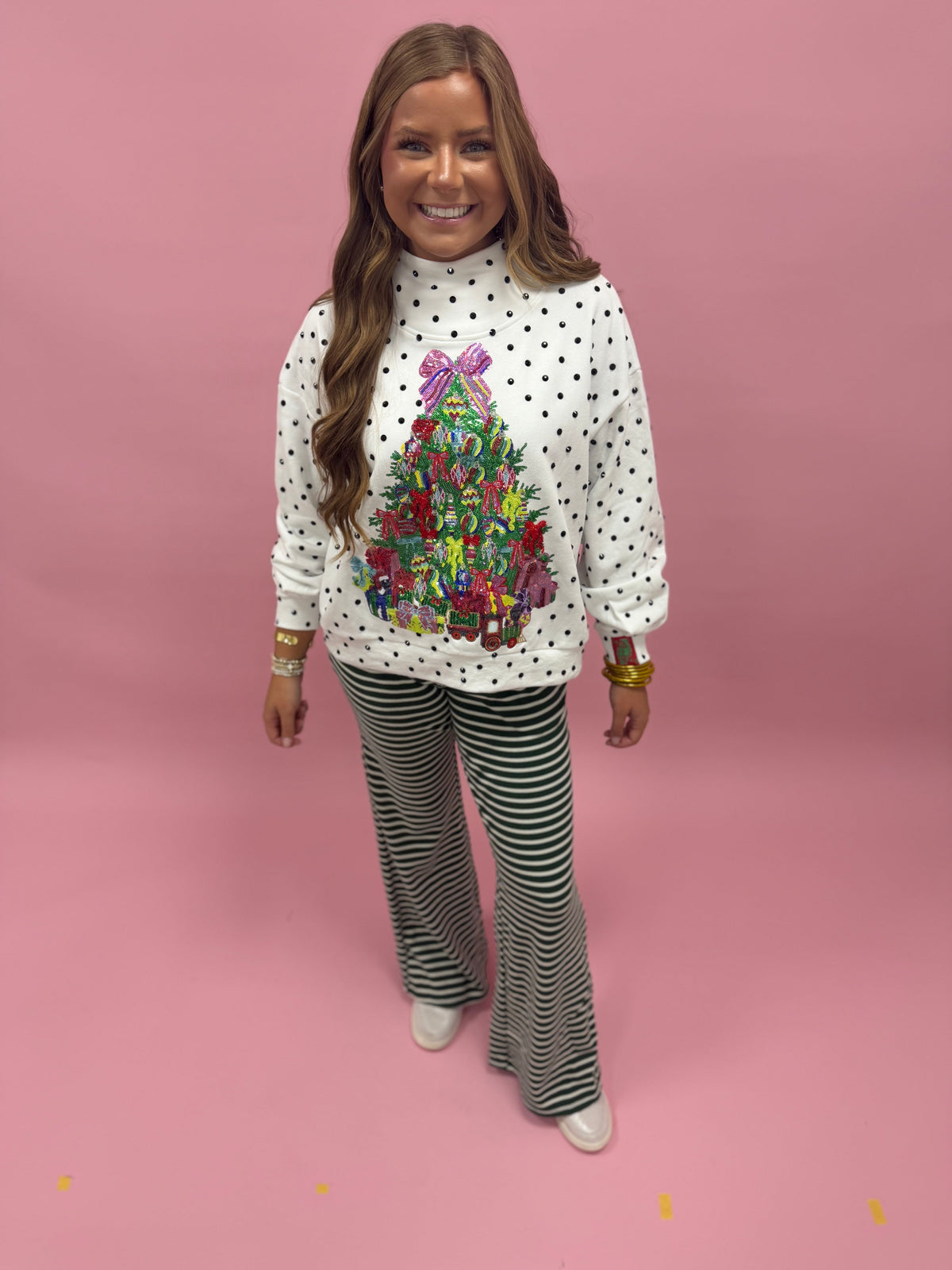 Queen of Sparkles White & Black Polka Dot Multi Christmas Tree Mockneck Sweatshirt