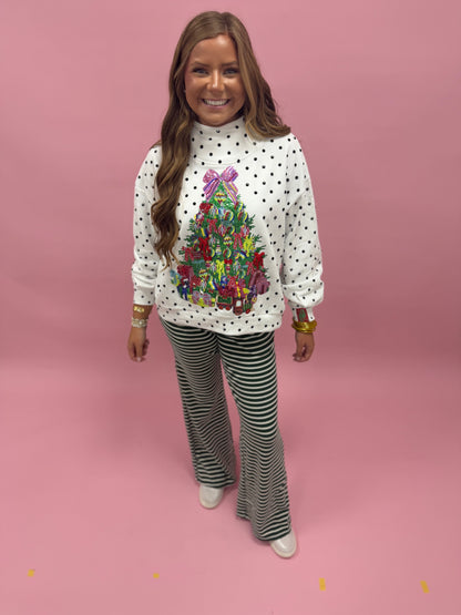 Queen of Sparkles White & Black Polka Dot Multi Christmas Tree Mockneck Sweatshirt