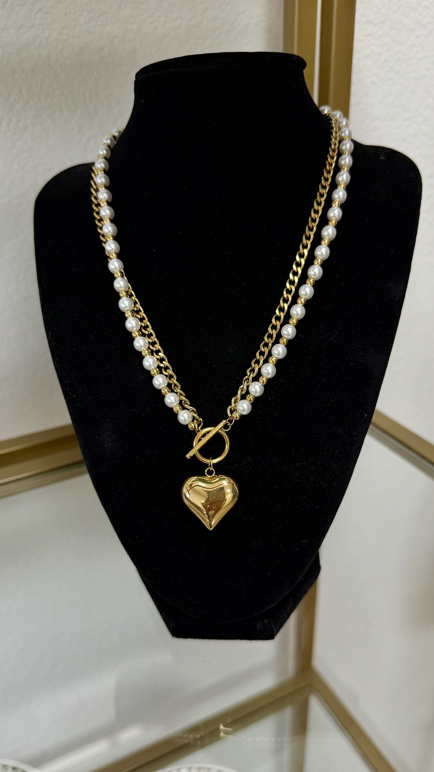 Stainless Steel Double Layered Pearl Heart Necklace