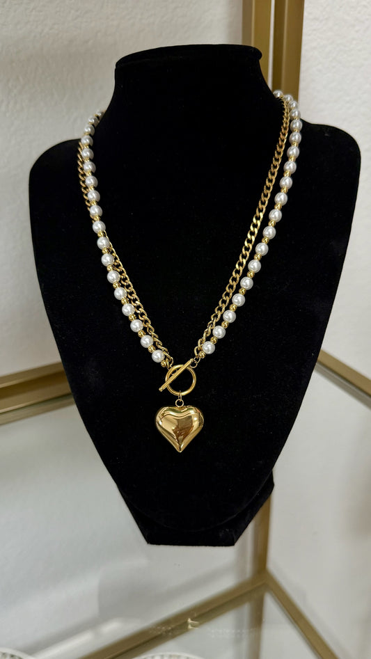 Stainless Steel Double Layered Pearl Heart Necklace