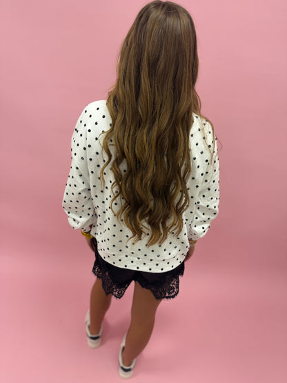Queen of Sparkles White & Black Polka Dot Multi Christmas Tree Mockneck Sweatshirt