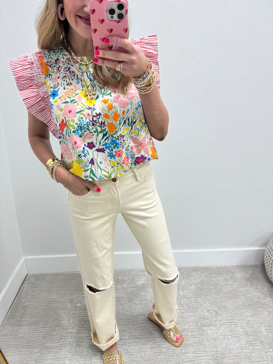 Natural Mid Rise Straight Jean With Distressed Knee