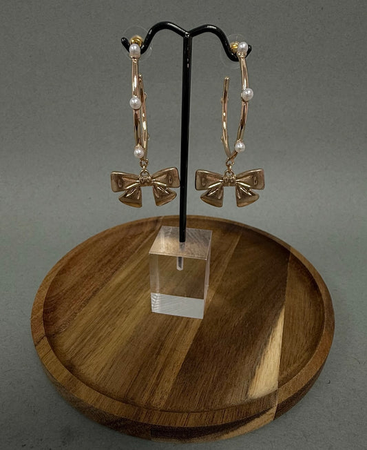 Pearl Studded Gold Bow Hoops