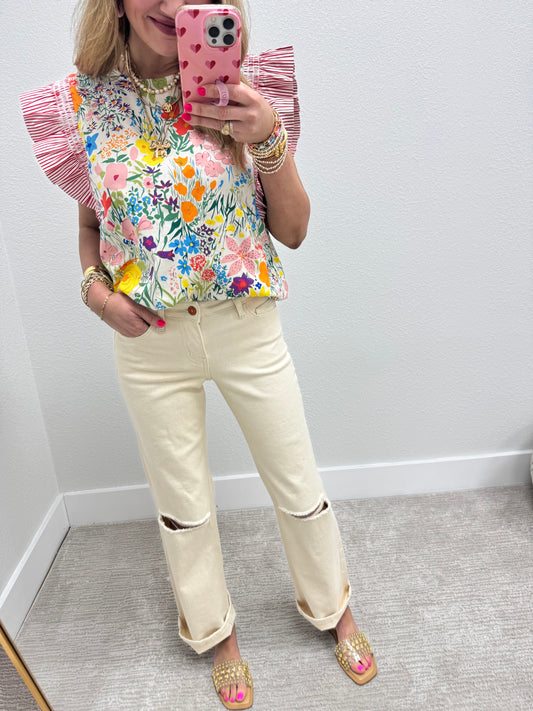 Cream Floral Pin Stripe Ruffle Sleeve Shirt