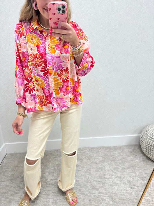 Floral Print Button Down Top 3/4 Sleeves