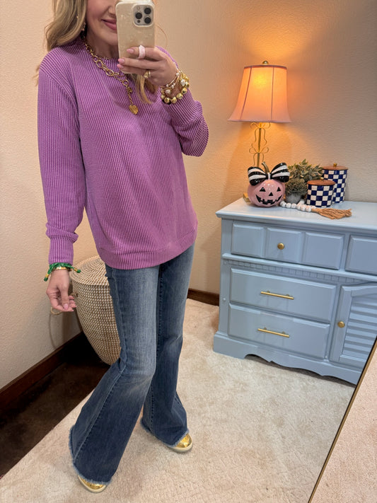Plum Raised Rib Round Neck Long Sleeve Top