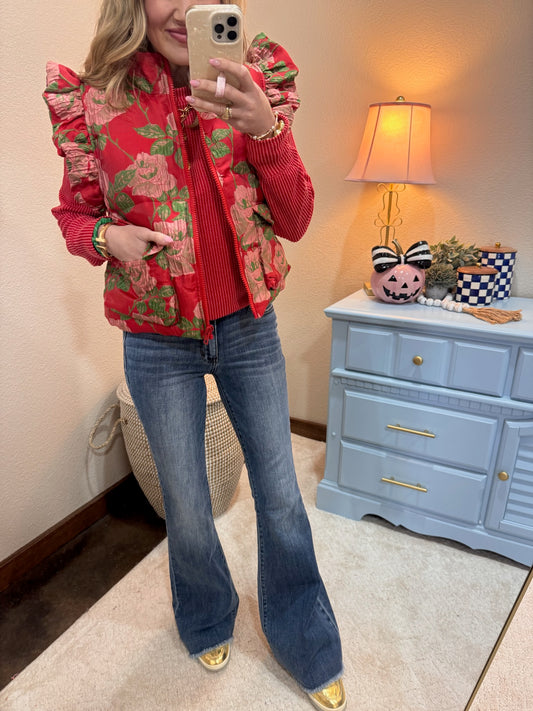 Red Floral Jacquard Puffy Vest
