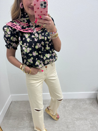 Natural Mid Rise Straight Jean With Distressed Knee FS