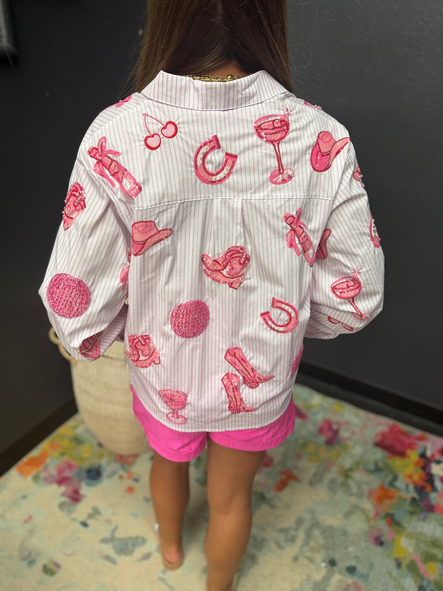 Queen of Sparkles Striped Pink Disco Cowgirl Icon Collared Top