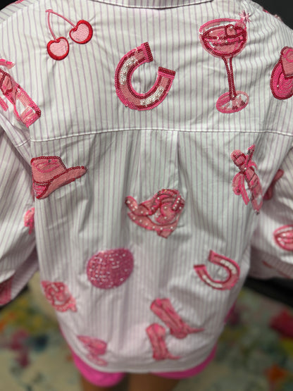 Queen of Sparkles Striped Pink Disco Cowgirl Icon Collared Top