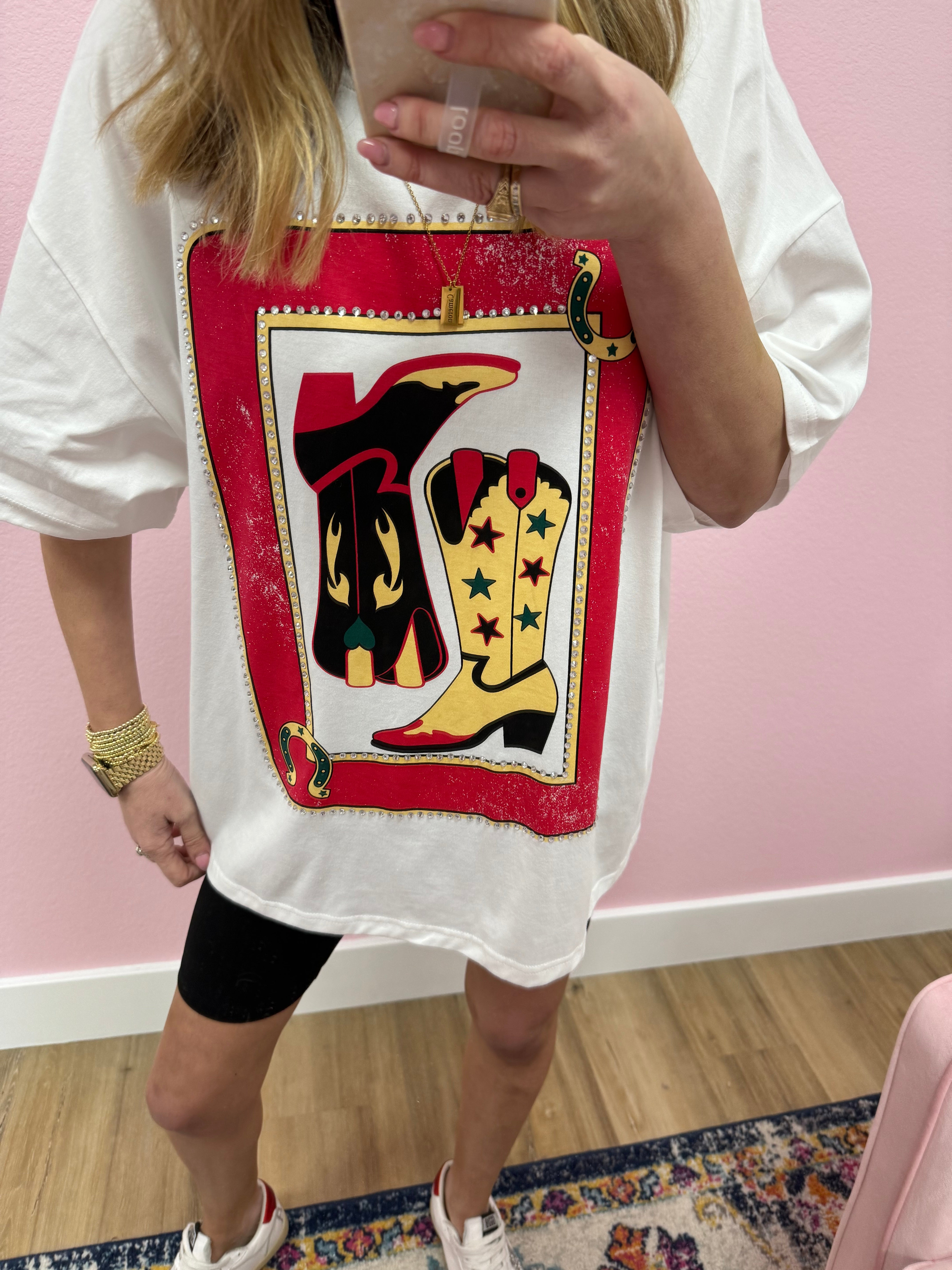 Oversized White Boot Crystal Tee FS