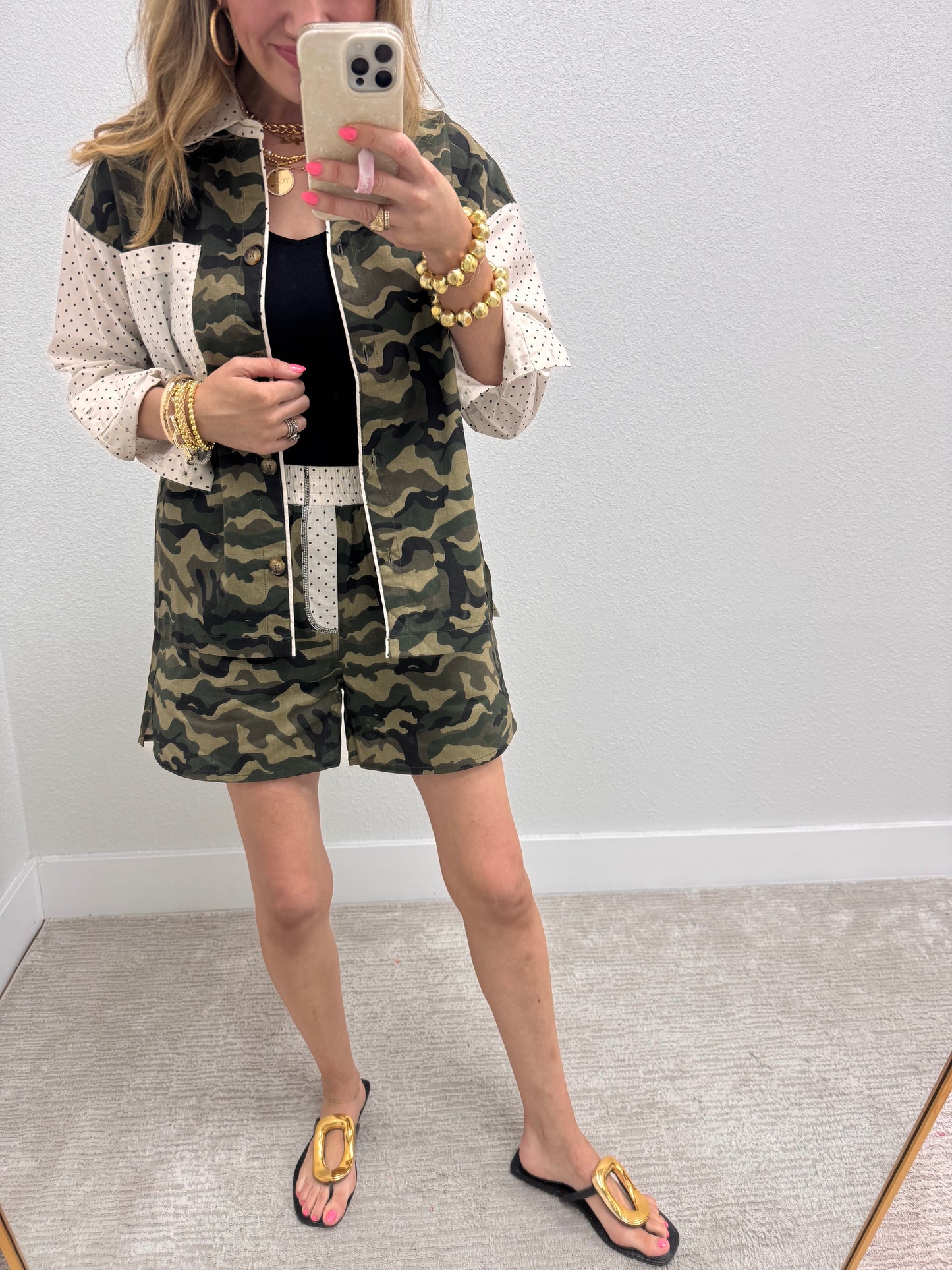 Camo and Polkadot Printed Two Piece Short Set