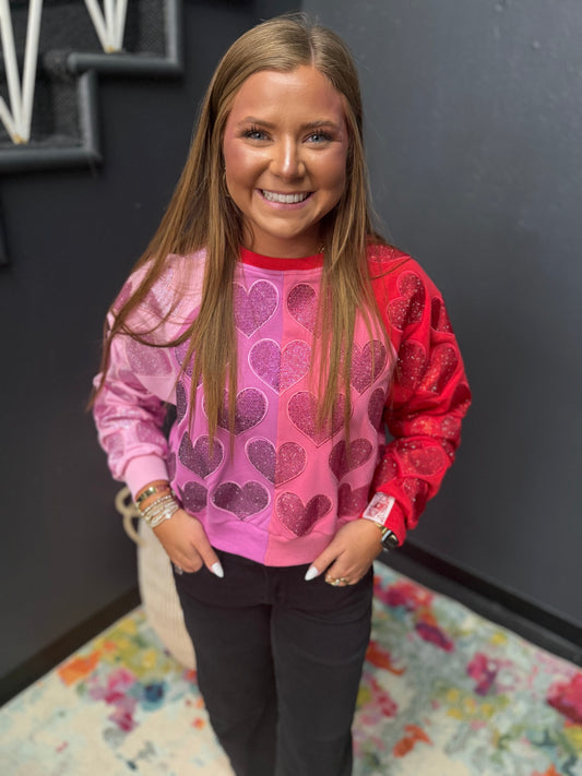 Queen of Sparkles Colorblock Rhinestone Hearts Sweatshirt