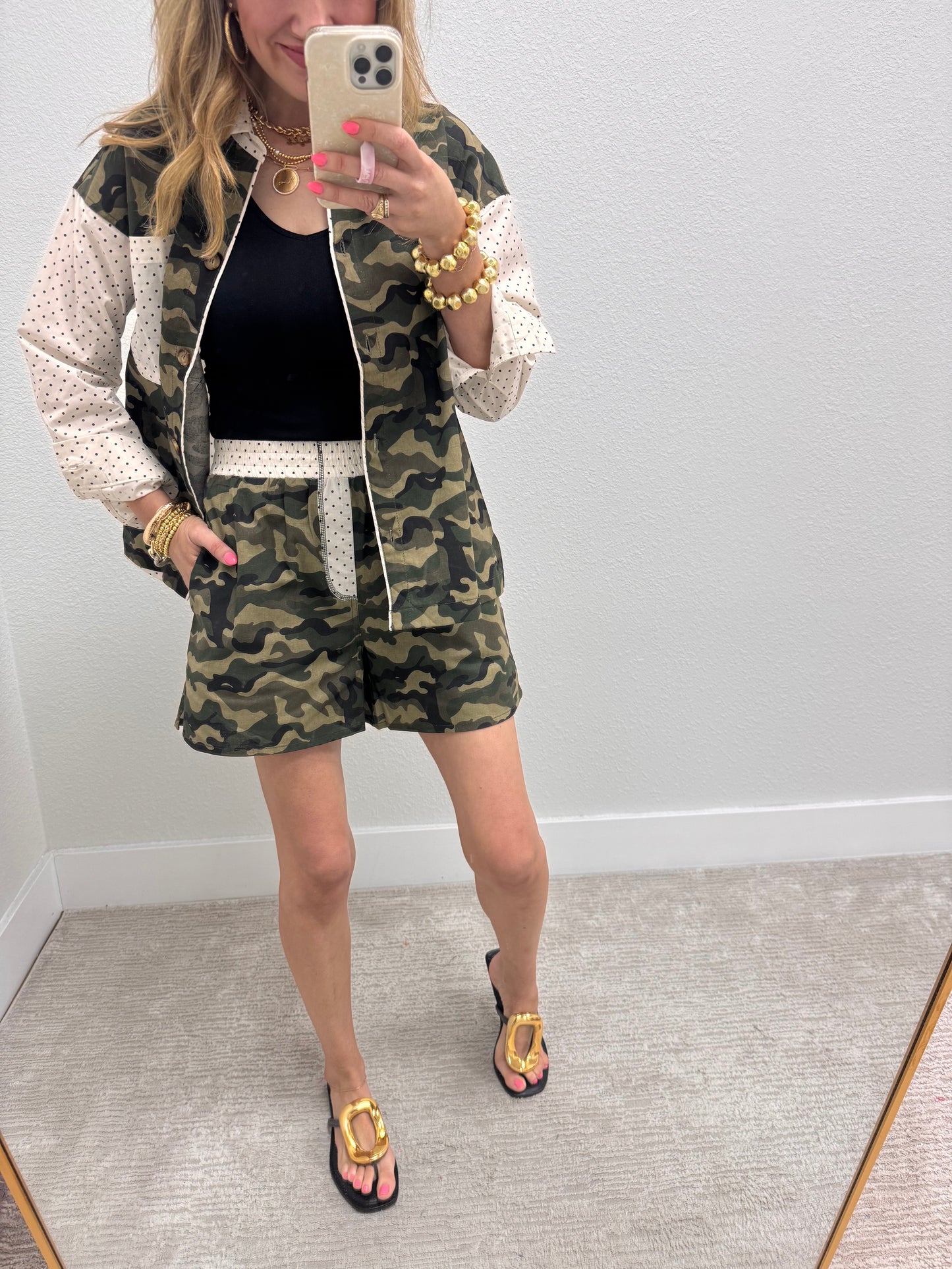 Camo and Polkadot Printed Two Piece Short Set