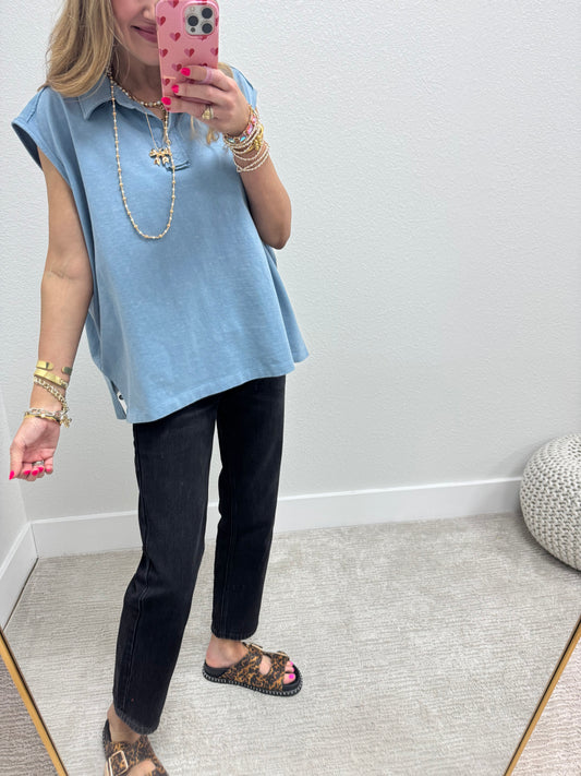 Denim Sleeveless Oversize Collared Top