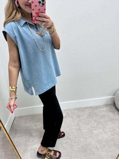 Denim Sleeveless Oversize Collared Top