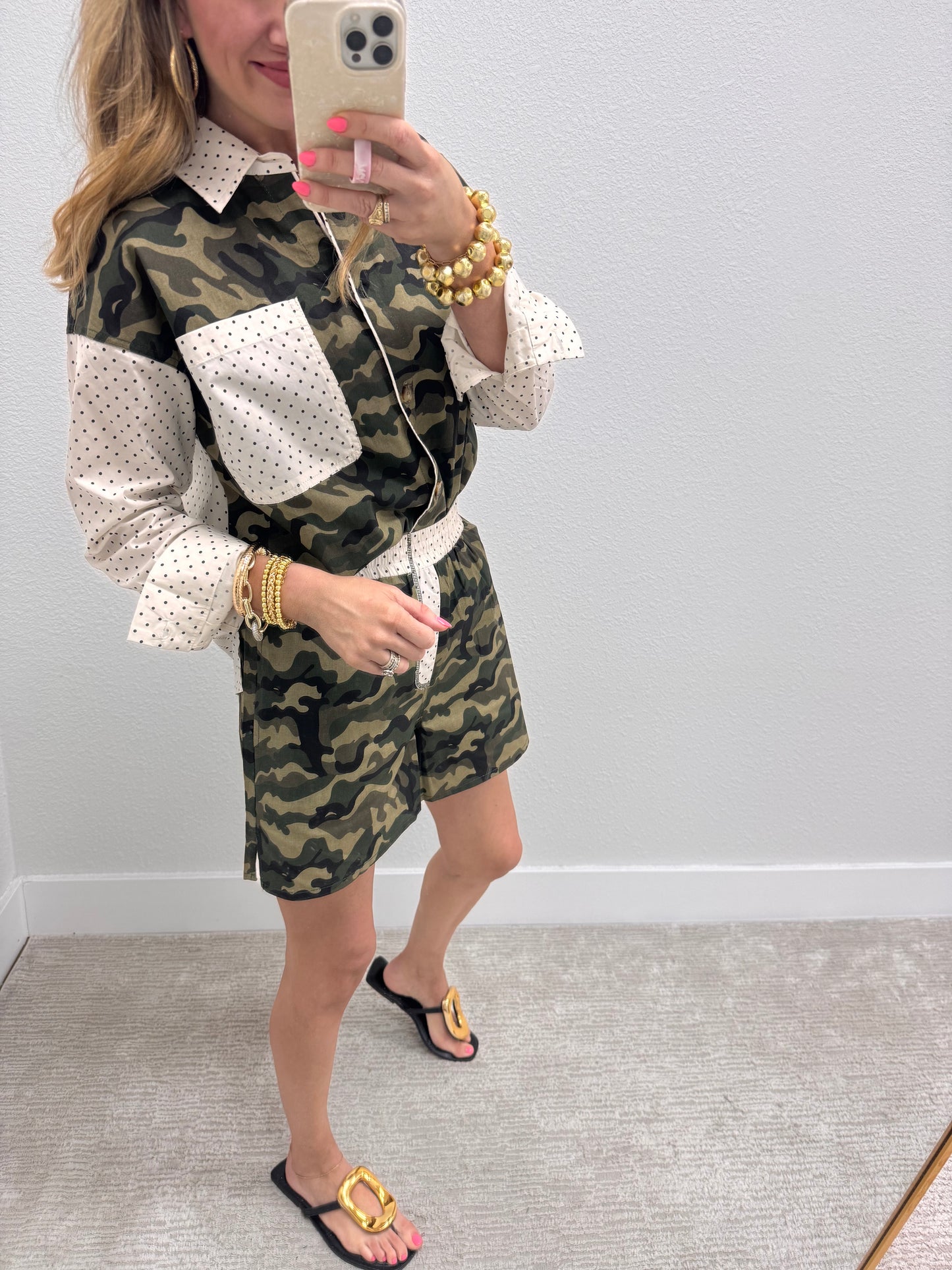 Camo and Polkadot Printed Two Piece Short Set