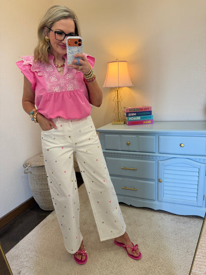White Flower Embroidered Wide Leg Crop Jean