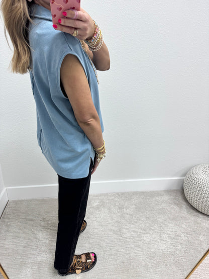 Denim Sleeveless Oversize Collared Top