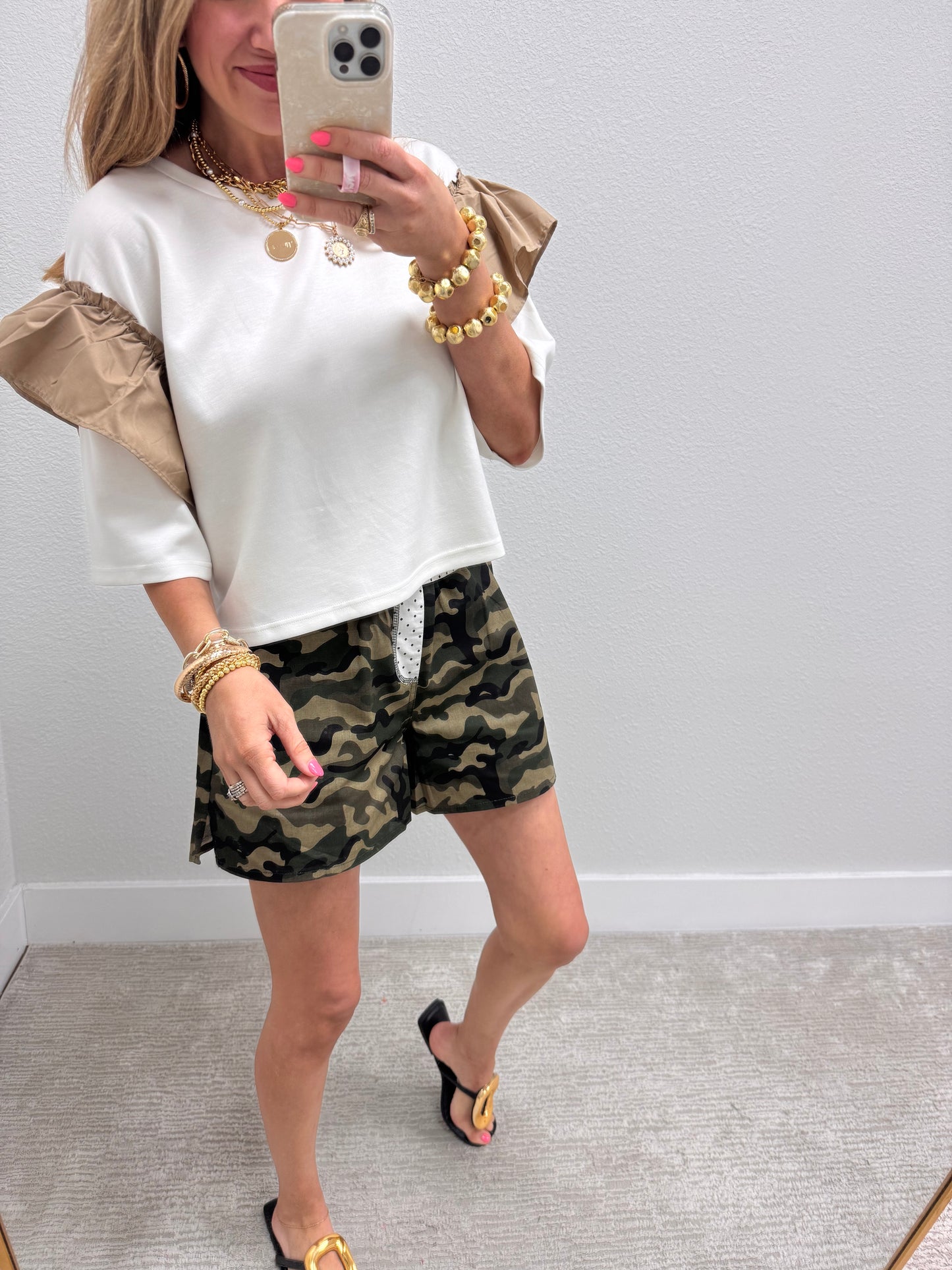 White Scuba Top With Tan Ruffle Arms