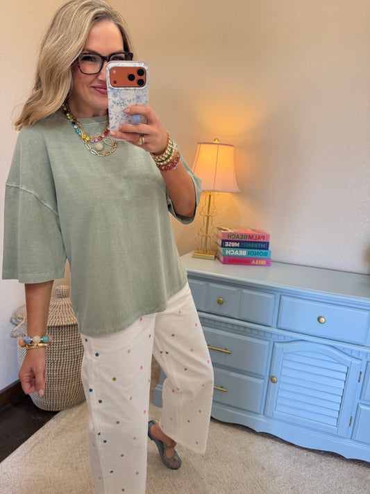 Sage Green Pigment Dye Oversized Half-sleeve T-shirt