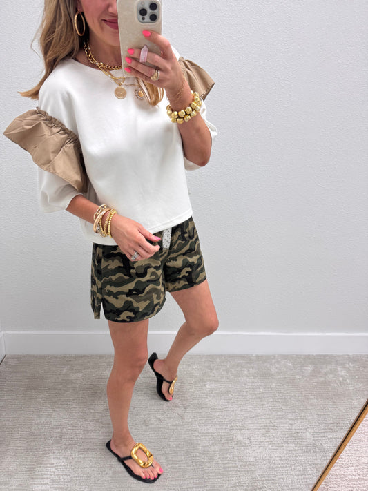 White Scuba Top With Tan Ruffle Arms