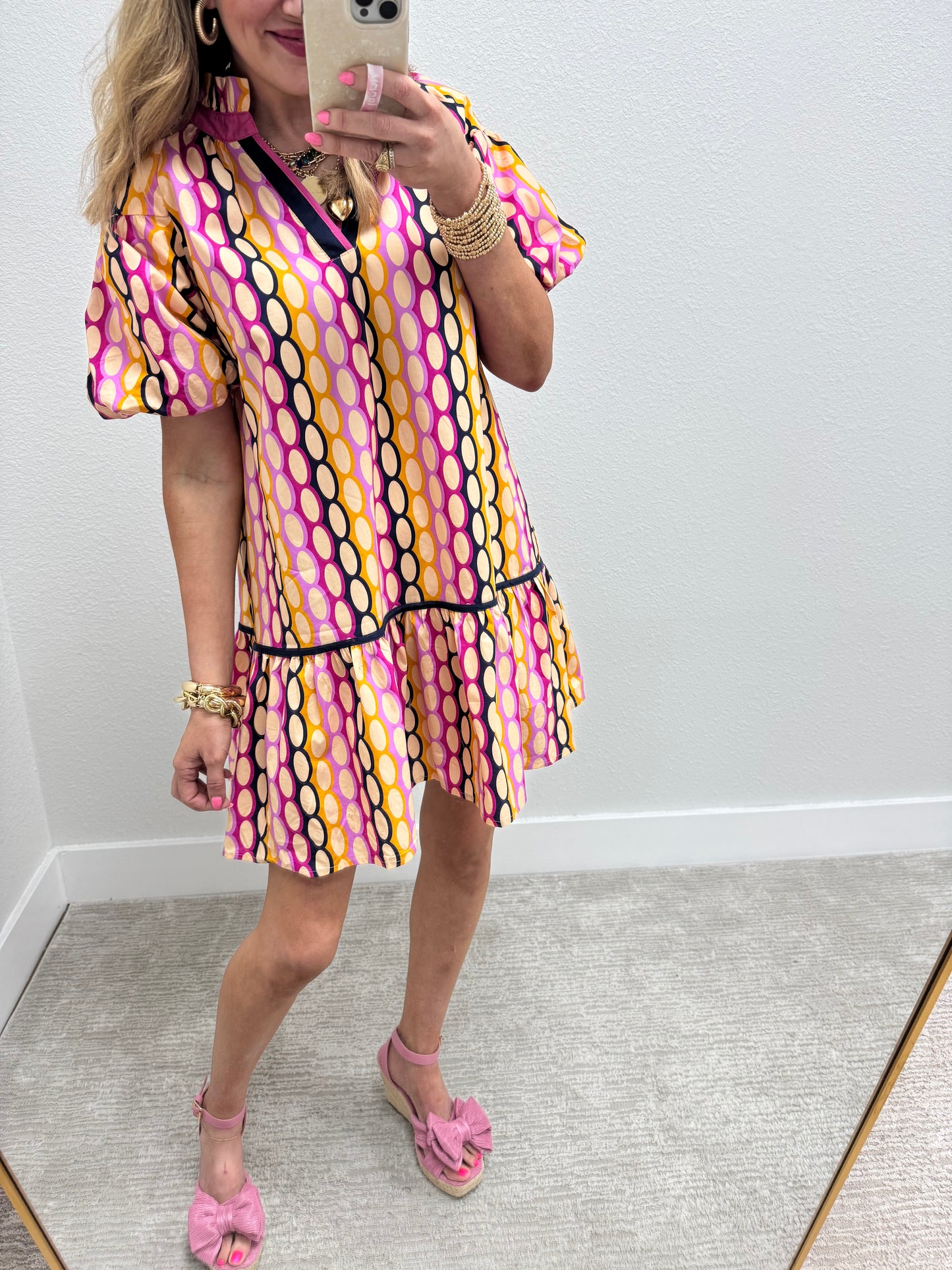 Pink Printed Ruffle High Neck Dress