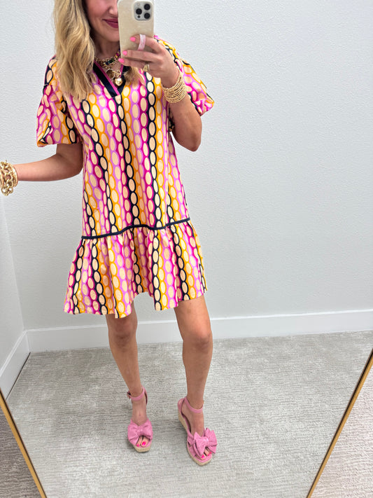 Pink Printed Ruffle High Neck Dress