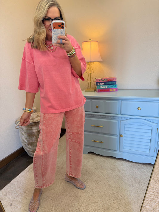 Taffy Pink Pigment Dye Oversized Half-sleeve T-shirt