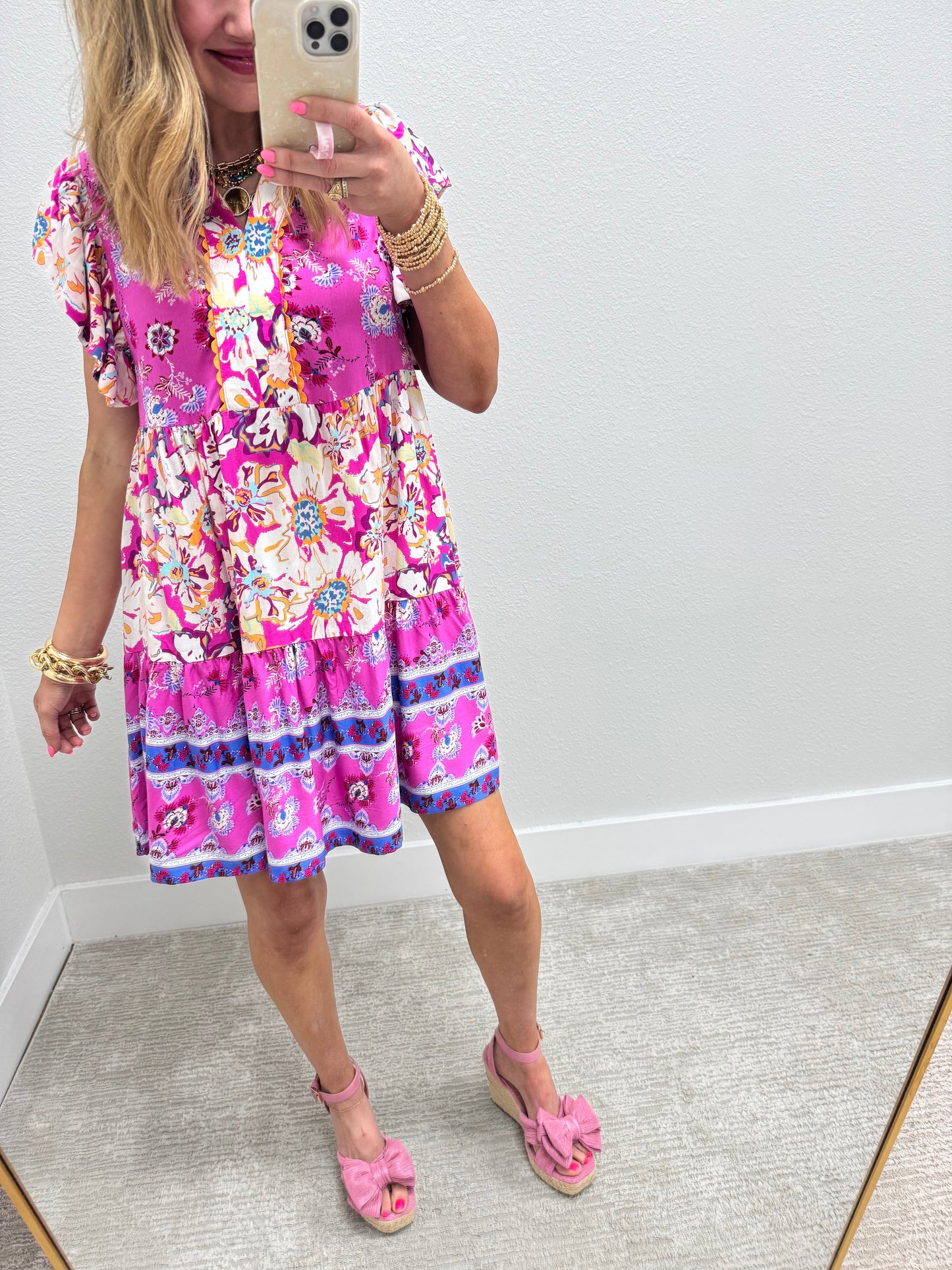 Pink Mix Flutter Sleeve  V-Neck Mini Dress