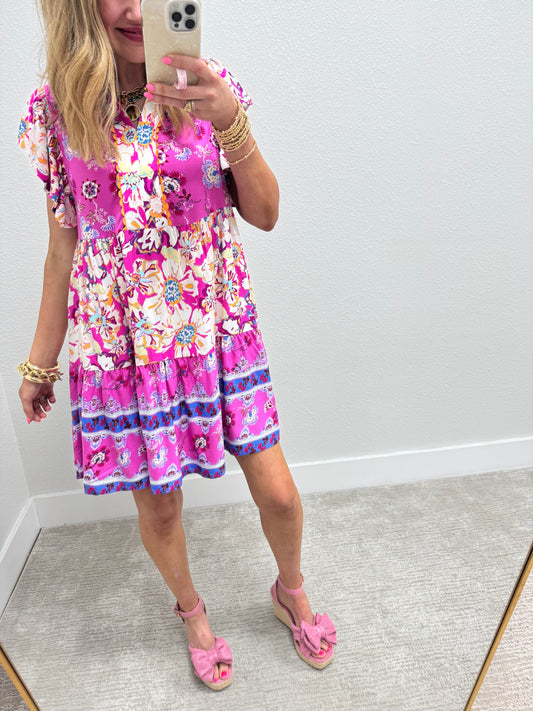 Pink Mix Flutter Sleeve  V-Neck Mini Dress