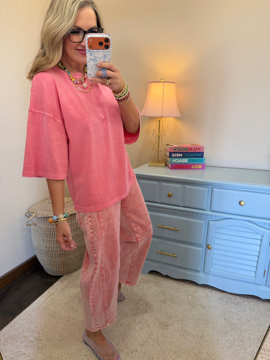 Taffy Pink Pigment Dye Oversized Half-sleeve T-shirt