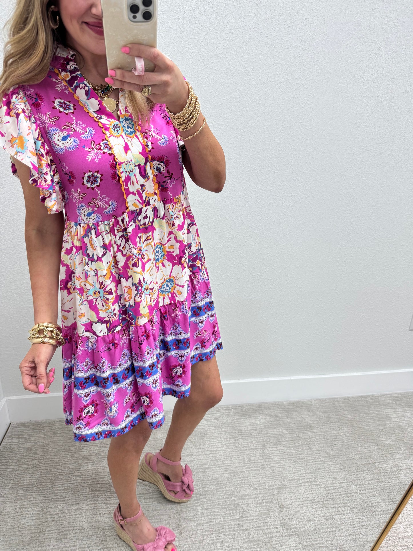 Pink Mix Flutter Sleeve  V-Neck Mini Dress