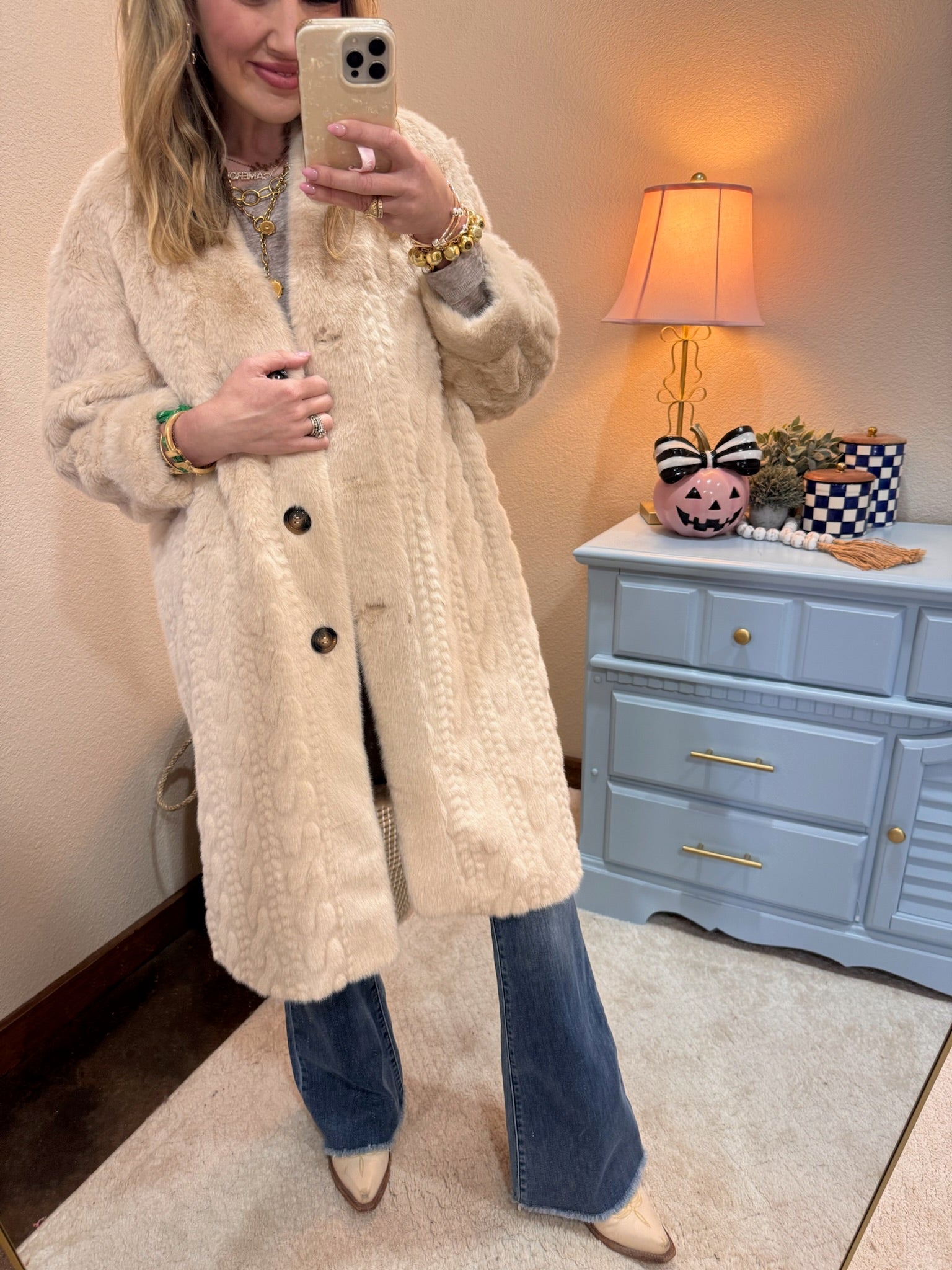 Cream Full Sleeve Fuzzy Fur Coat Long Length