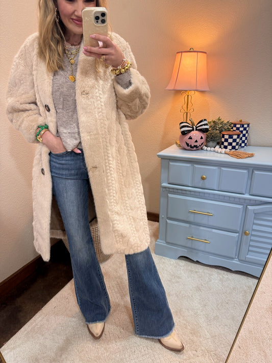 Cream Full Sleeve Fuzzy Fur Coat Long Length