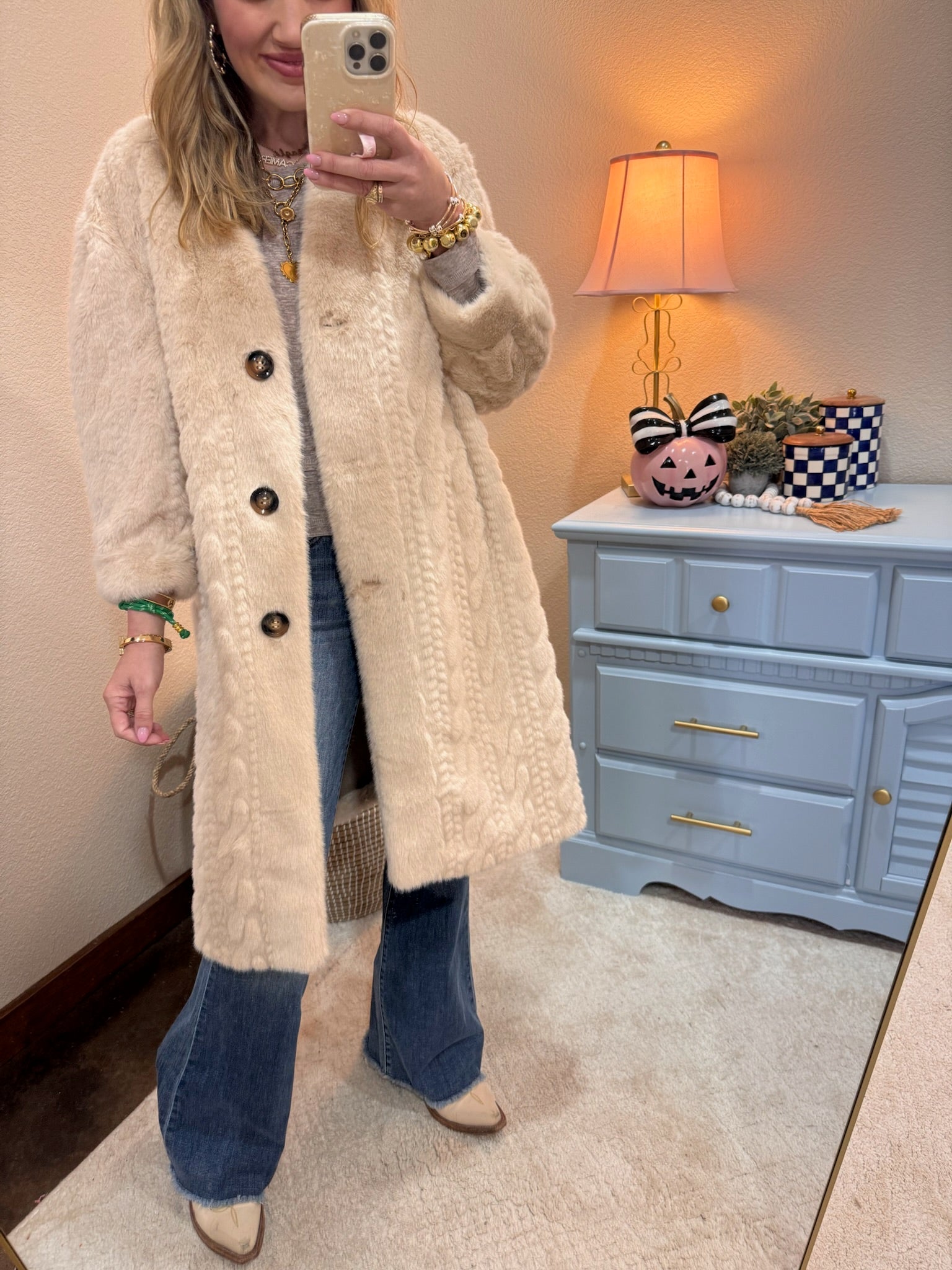 Cream Full Sleeve Fuzzy Fur Coat Long Length