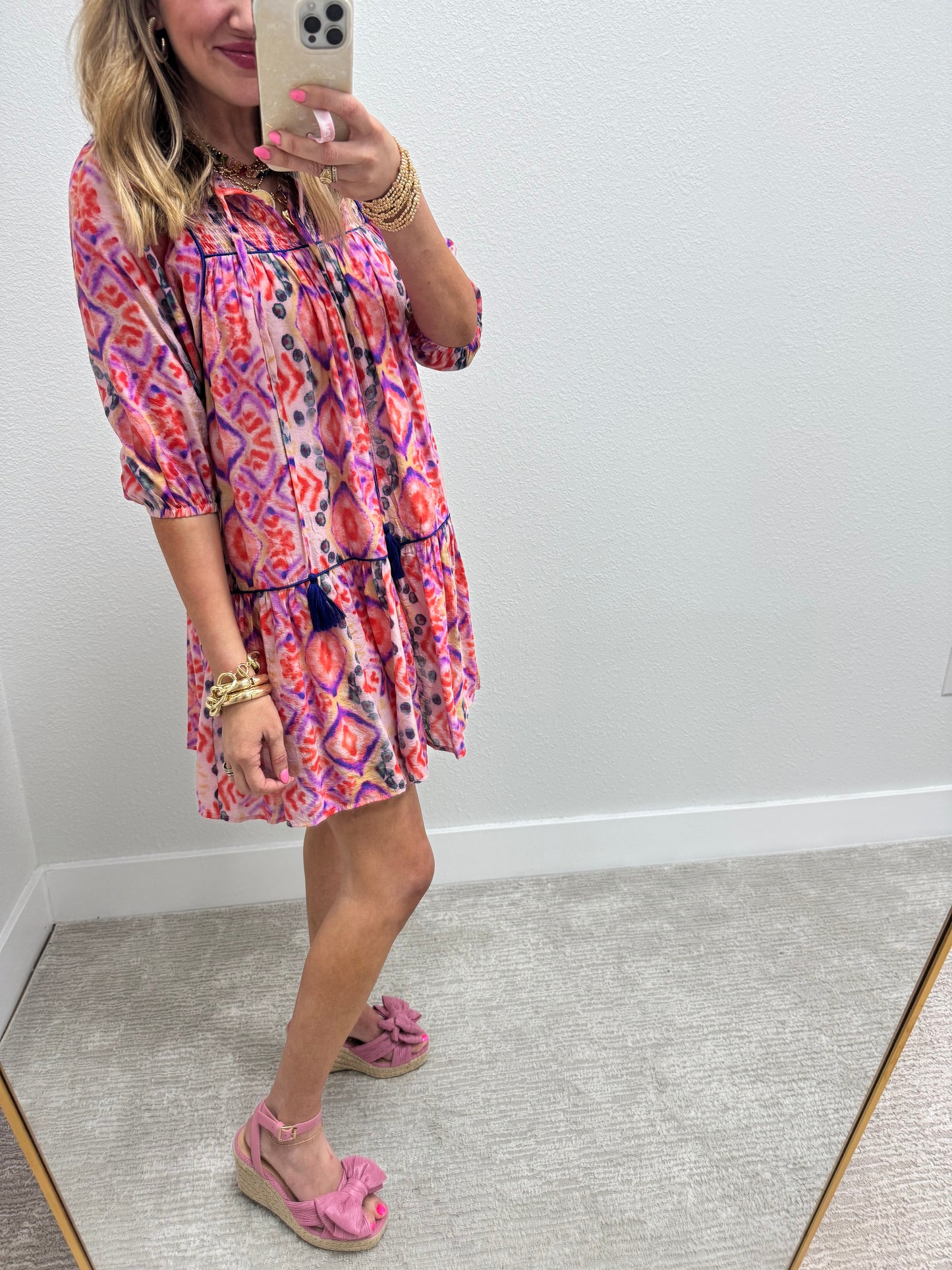 Mix Smocked top Mini Dress with Tassel Tie