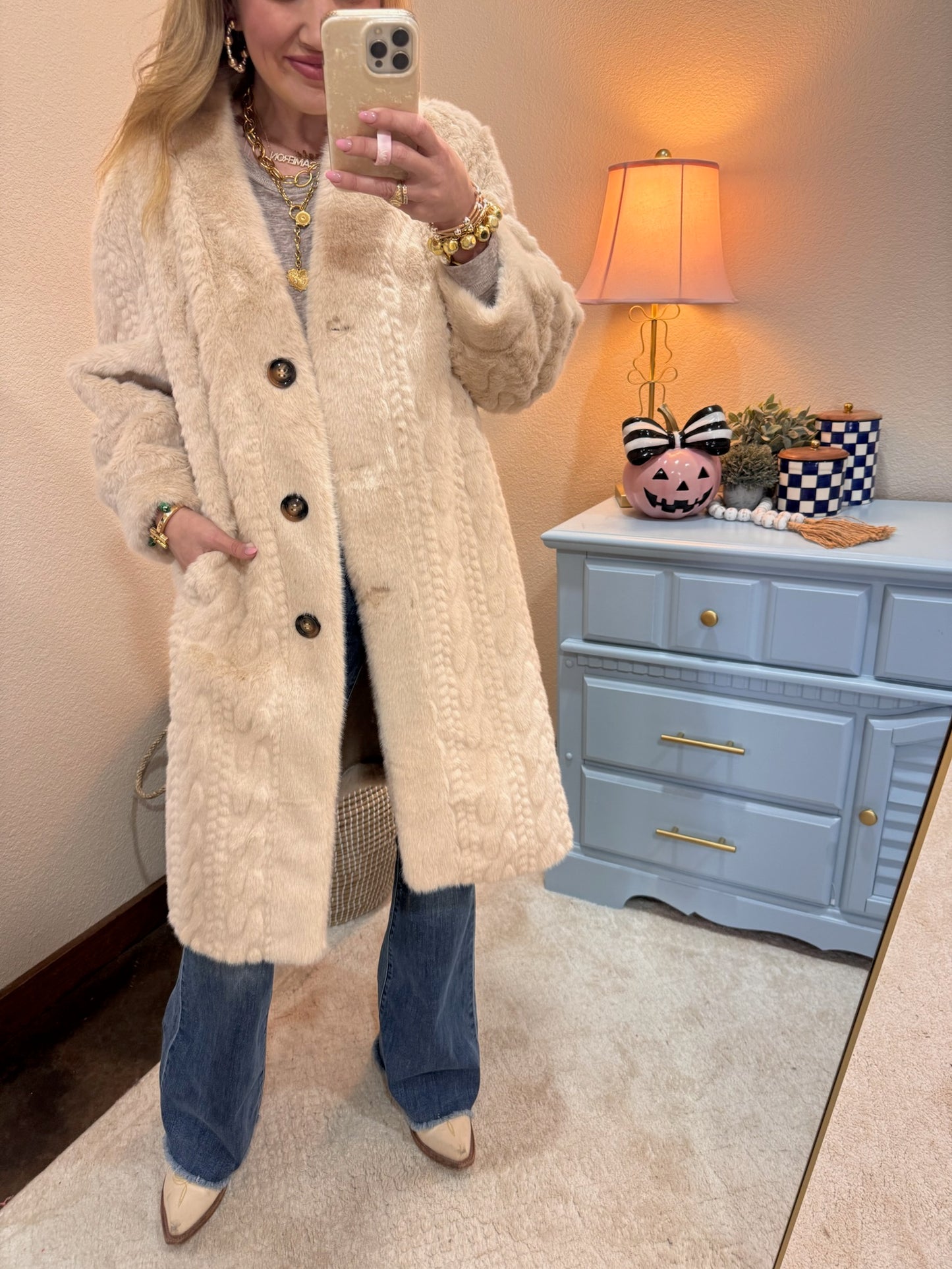 Cream Full Sleeve Fuzzy Fur Coat Long Length