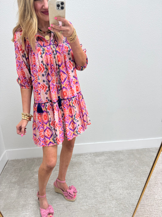 Mix Smocked top Mini Dress with Tassel Tie